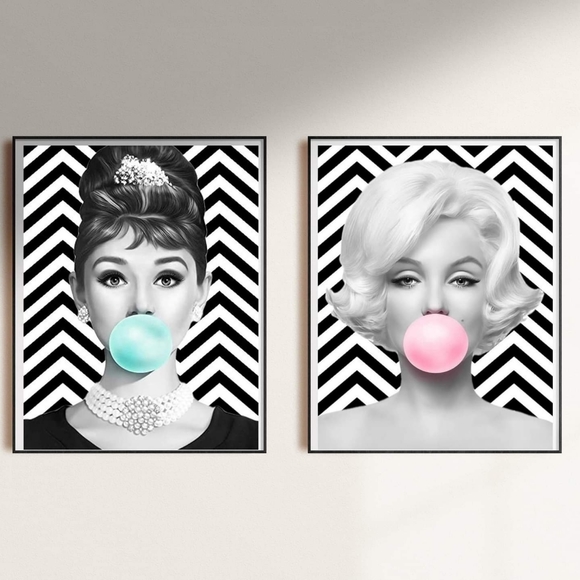 Marilyn Monroe and Audrey Hepburn Chevron Bubble Gum ART posters 11x14 set - Picture 1 of 6